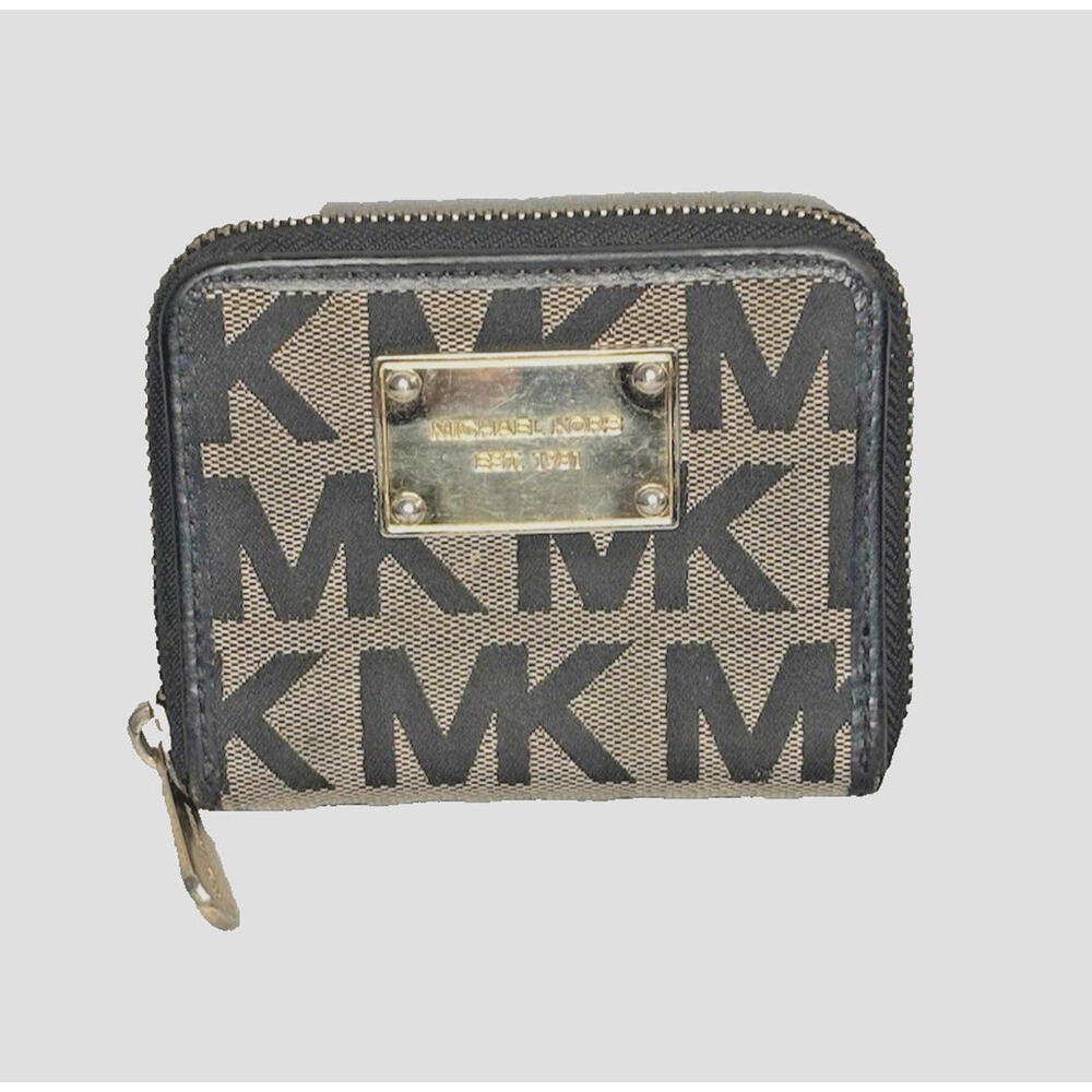 Michael Kors Zippered Bifold Black Gray Logo Wallet Change Credit Cards
